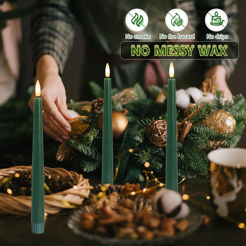 AFINETH Green Flameless Candles, 9.6" Real Wax Taper Battery Opearted Candles with Remote, 3 Pack Flickering LED Candlesticks with 3D Wick, Classic Tall Taper Candles for Home, Party, Christmas Decor - Image 4